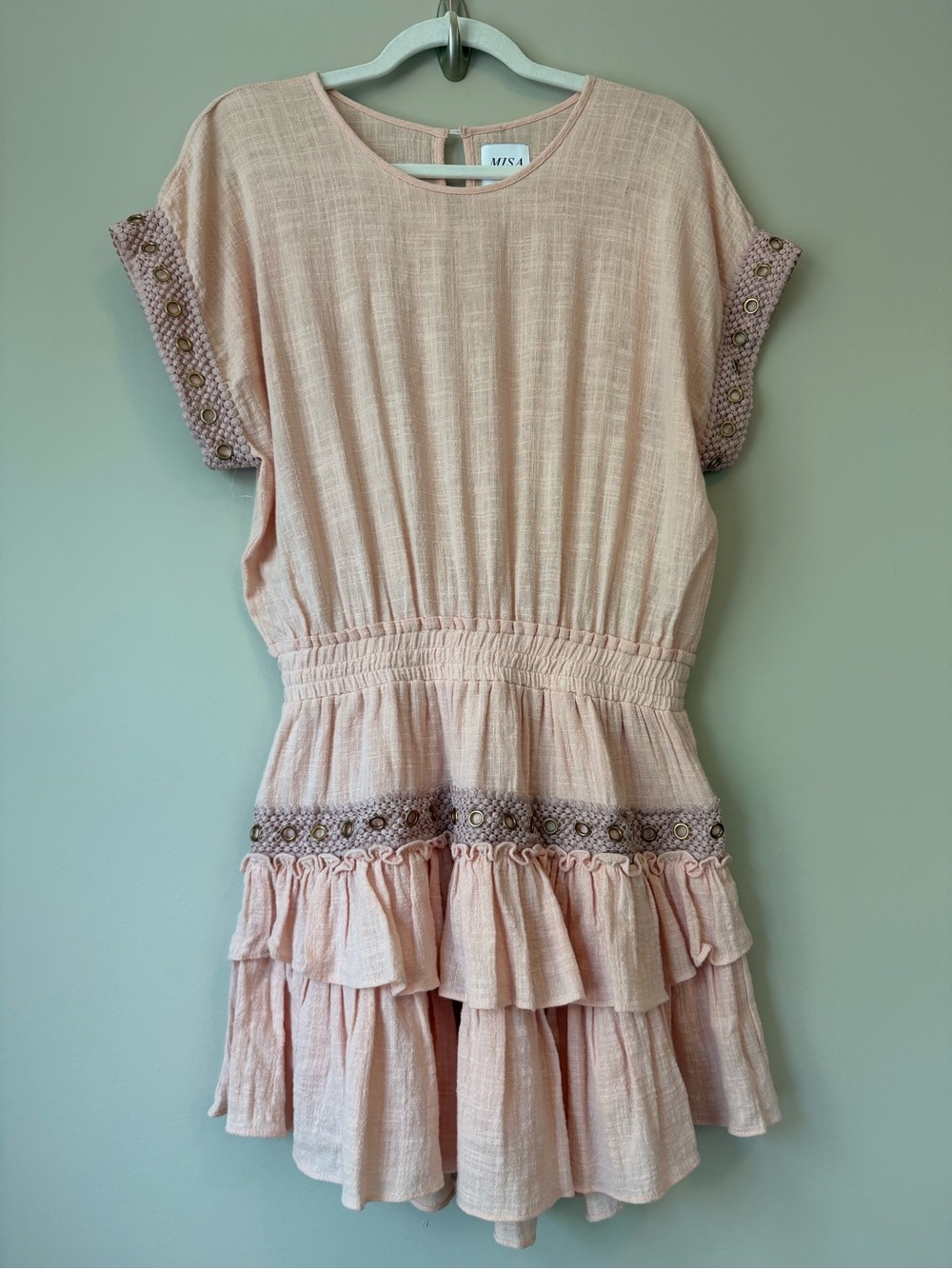 MISA Los Angeles Blush Pink Tiered Ruffle Mini Dress Size S Grommet Trim